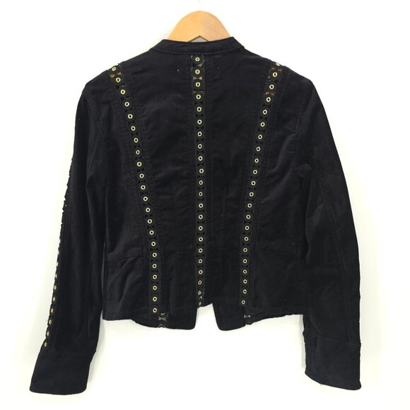 Free People Margot Black Velvet Jacket Lace Inset Grommets Regency Core Zip Up - Picture 3 of 16